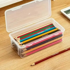transparent PP storage boxes with lids, used for storing office supplies, pencils, and crafts