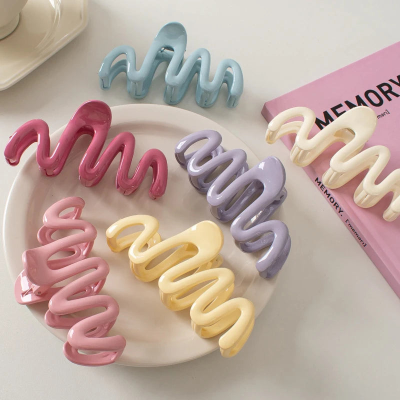 Dopamine Creamy Color Geometry Wave Line Back Head Hair Claw Hair Claw Clip Women Girl Hairpin Ponyt