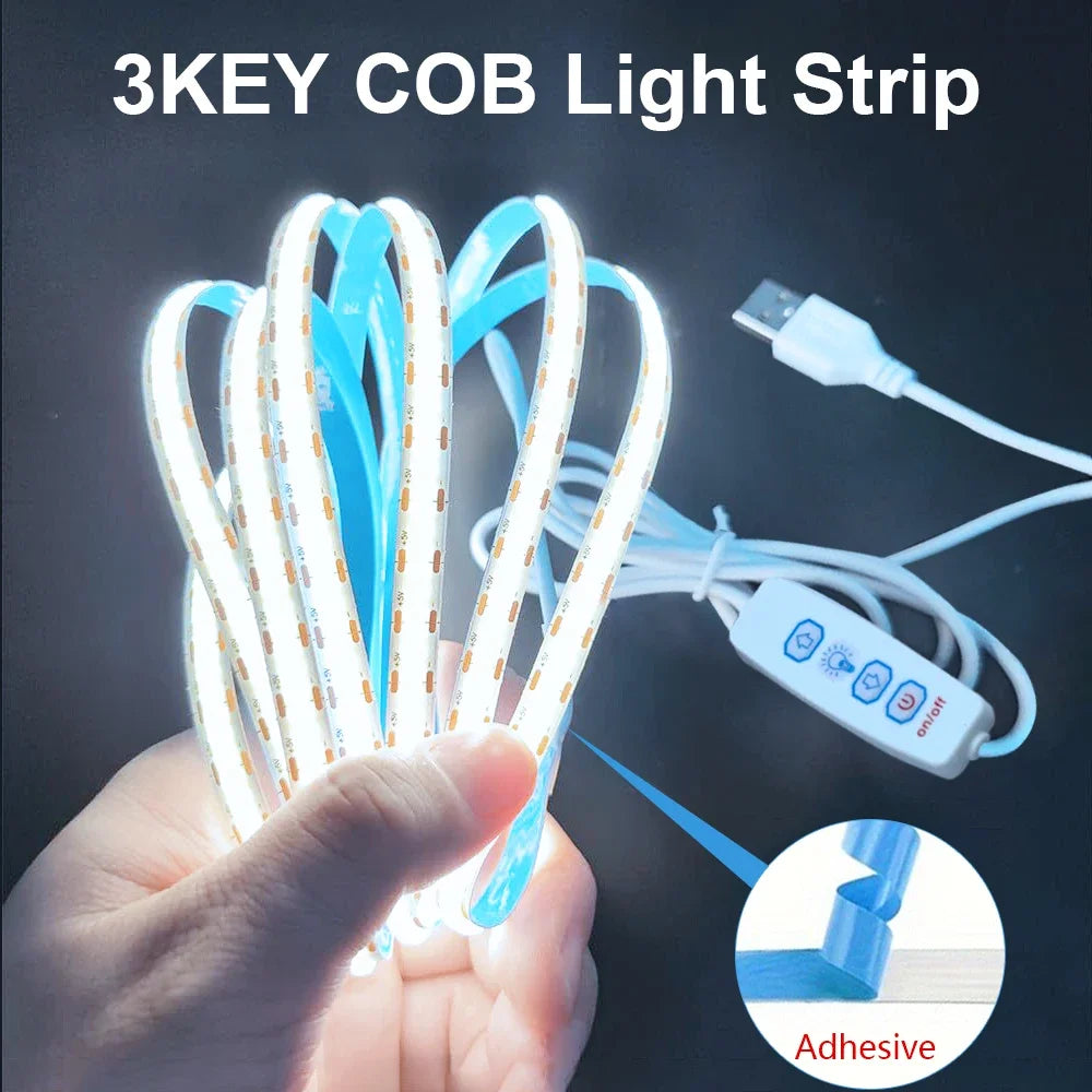 COB LED Strip Lights 5V USB Dimmable | 320 LEDs/m Flexible Ribbon for Kitchen Cabinet Mirror Bedroom