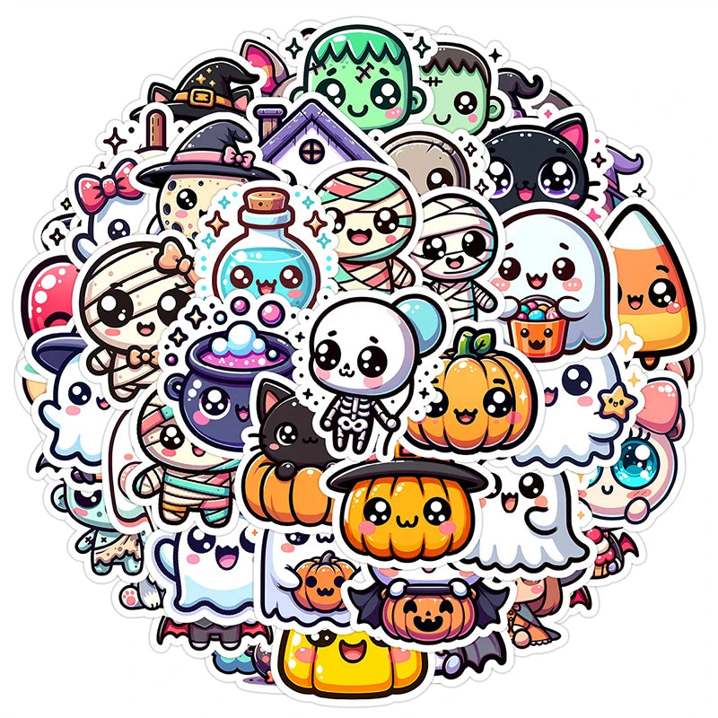 50PCS Halloween Stickers Cute Cartoon Cat Pumpkin Halloween Themed Stickers Fun Holiday Decals Pack