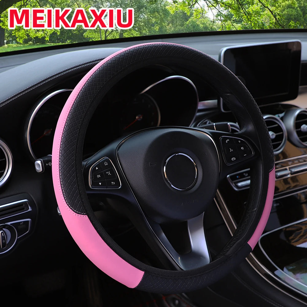 PU leather checkered embossed multi-color car rimless steering wheel cover suitable for 14.5 - 15 in