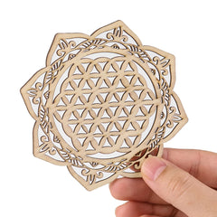 Wooden Chakra Board with Metatron Flower | Laser Engraved Meditation Coaster close-up view