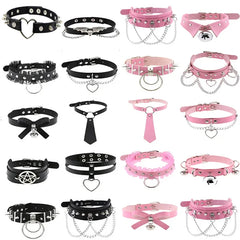 Pink Harajuku Gothic Spike Rivet Star Necklaces Collares Hip Hop Rock Black Bowknot PU Lace Leather
