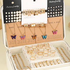 104 Pcs/Set Fashion Metal Pearl Zircon Earrings Butterfly Necklaces Bracelets Rings Combinations Jew