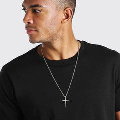 Men's Stainless Steel Layered Cross Necklace | Simple Prayer Pendant with Rope Box Cha close-up view