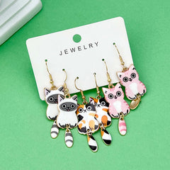 Fashionable Enamel Cat Earrings Set | 3 Pairs Cute Cartoon Drop Earrings for Women and close-up view