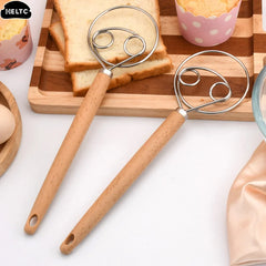 10 Inch Danish Dough Whisk | Stainless Steel Hand Blender with Wood Handle close-up view