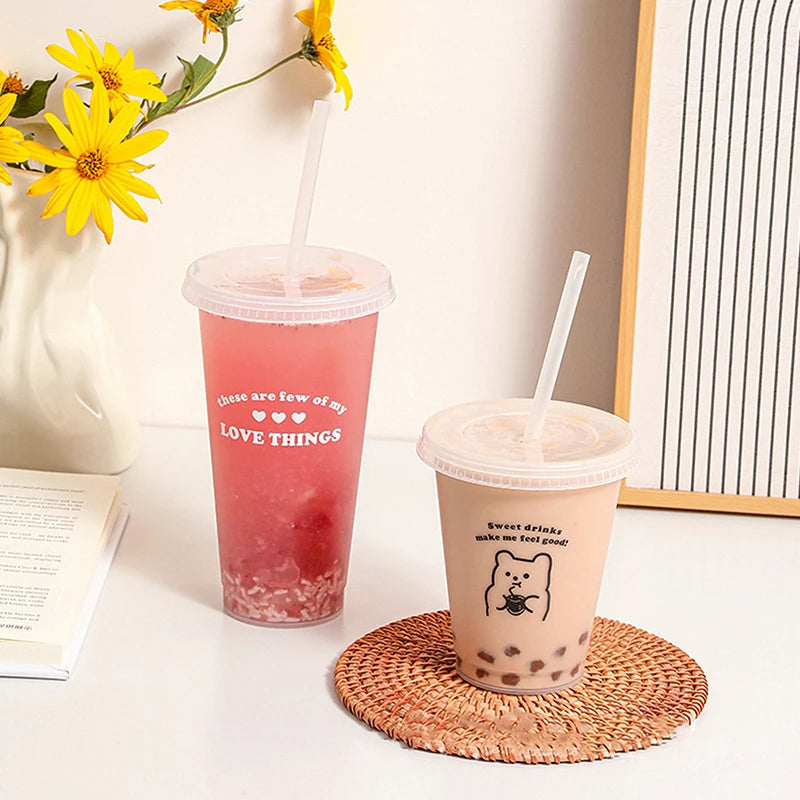 Kawaii Water Bottle For Coffee Juice Milk Tea Cute Plastic Cold Cups With Straw Lid Portable Reusabl