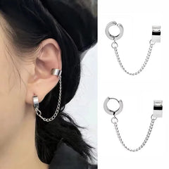1pc Clip Earrings with Chain Stainless Steel for Women Men Punk Tassel Hoop Ear Cuffs Painless Non P