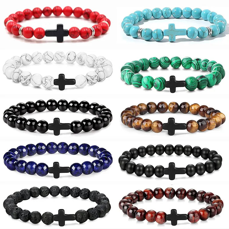 Prayer Men Natural Stone Wood Beads Rosary Hematite Cross Bracelets Onyx Meditation Bracelet Women Y