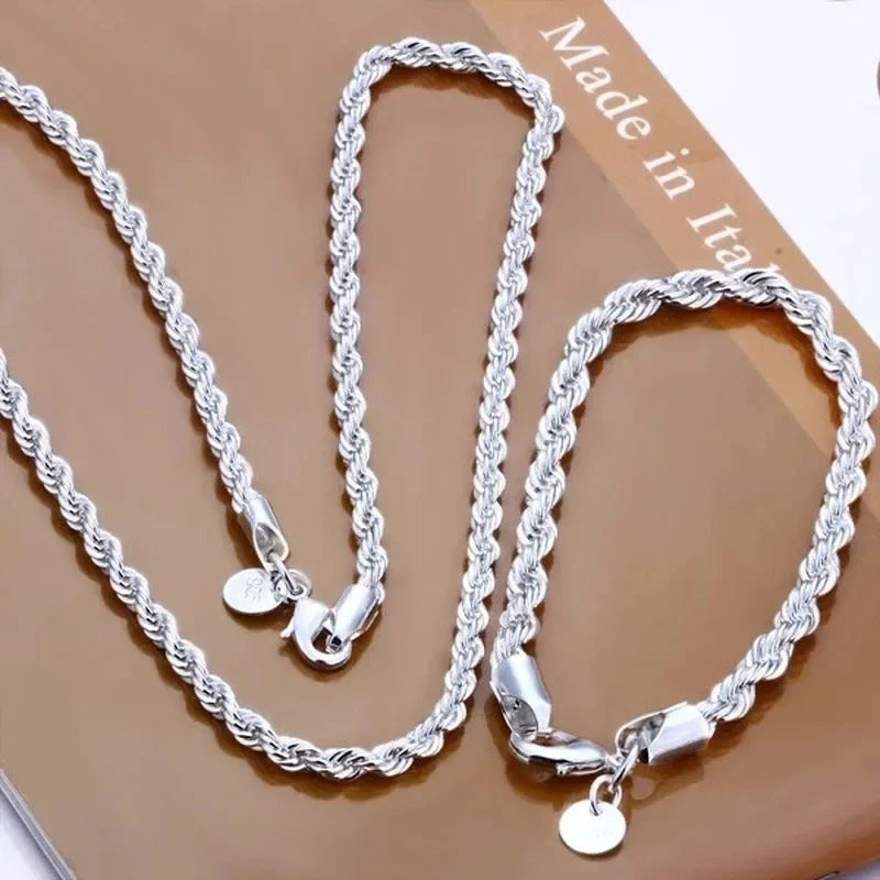 Charm 925 sterling silver Accessories Men 4MM 40-60cm 2PCS Rope Chain Necklace Bracelet Women Fashio
