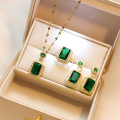4PCS Sets Exquisite Quadrate Rhinestone Necklace Earrings Ring Jewelry Set Charm Ladies Jewelry Fash