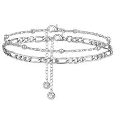2Pcs Fashion Stainless Steel Anklet Set For Women Cuban Rice Bead Chain On Foot Ankle close-up view