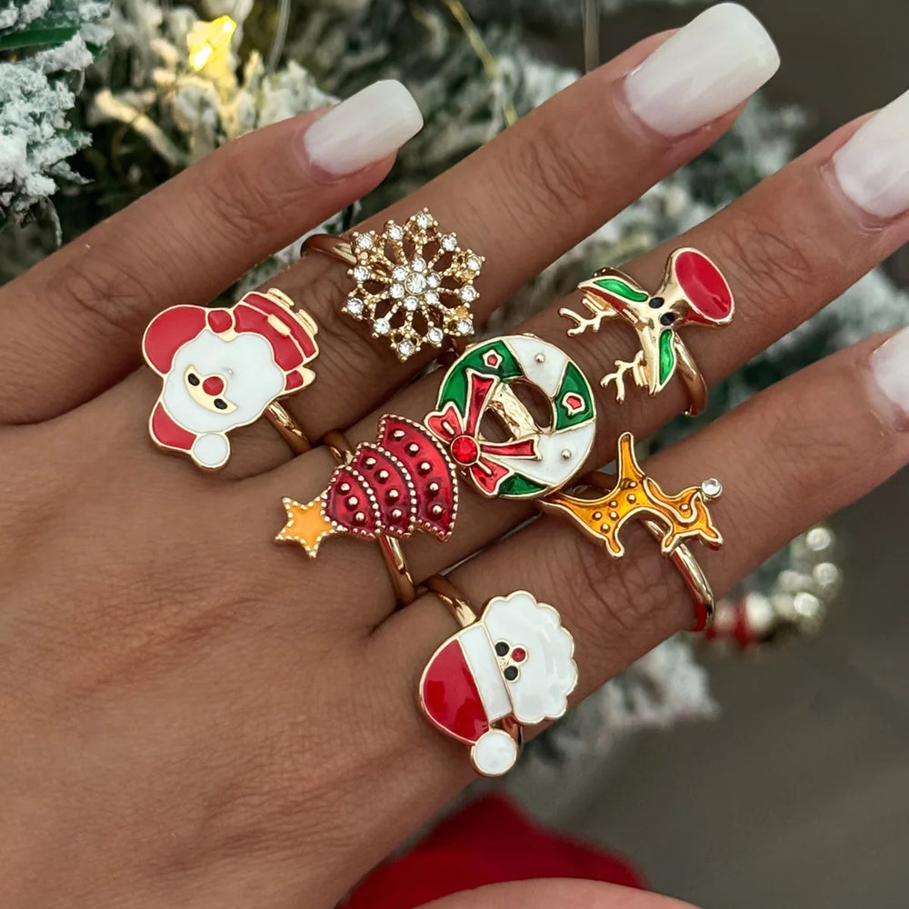 Rhinestone Snowflake Christmas Tree Knuckle Rings Set