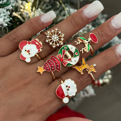 Rhinestone Snowflake Christmas Tree Knuckle Rings Set