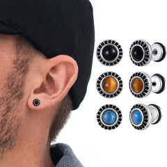 Men's Tiger Eye Stone Stud Earrings | Natural Gemstone Punk Earrings for Men