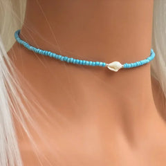 White Glass Seed Bead with Beaded Conch Shells Necklace close-up view