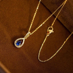 Huitan Gold Color Waterdrop Pendant with Blue Cubic Zirconia Necklace for Women Temper close-up view