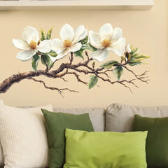Elegant White Magnolia Blossom Wall Decal | Self-Adhesive Removable PVC Sticker close-up view