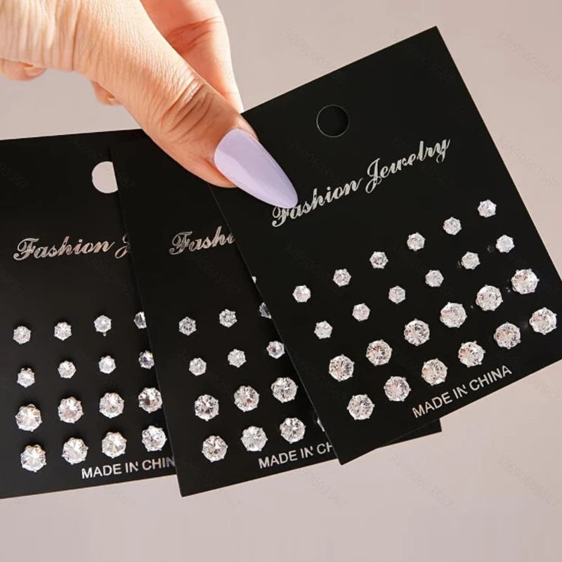 12/24/36 Pairs Shiny Zircon Stud Earrings Set for Women Men Daily Versatile Chic Silver Color Crysta