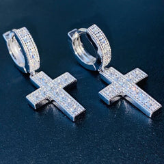 Huitan Dazzling Cross Pendant Earrings for Unisex Stylish Male Hiphop Accessories with close-up view