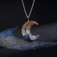 Tree of Life Necklace Wire Wrapped Crescent Moon Stone Pendant Necklaces 7 Chakra Heal close-up view
