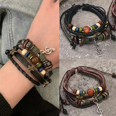 Handmade Hippie Design Brown Leather Bracelet Women Metal Star Note Charms Wood Button Beads Wrap Un