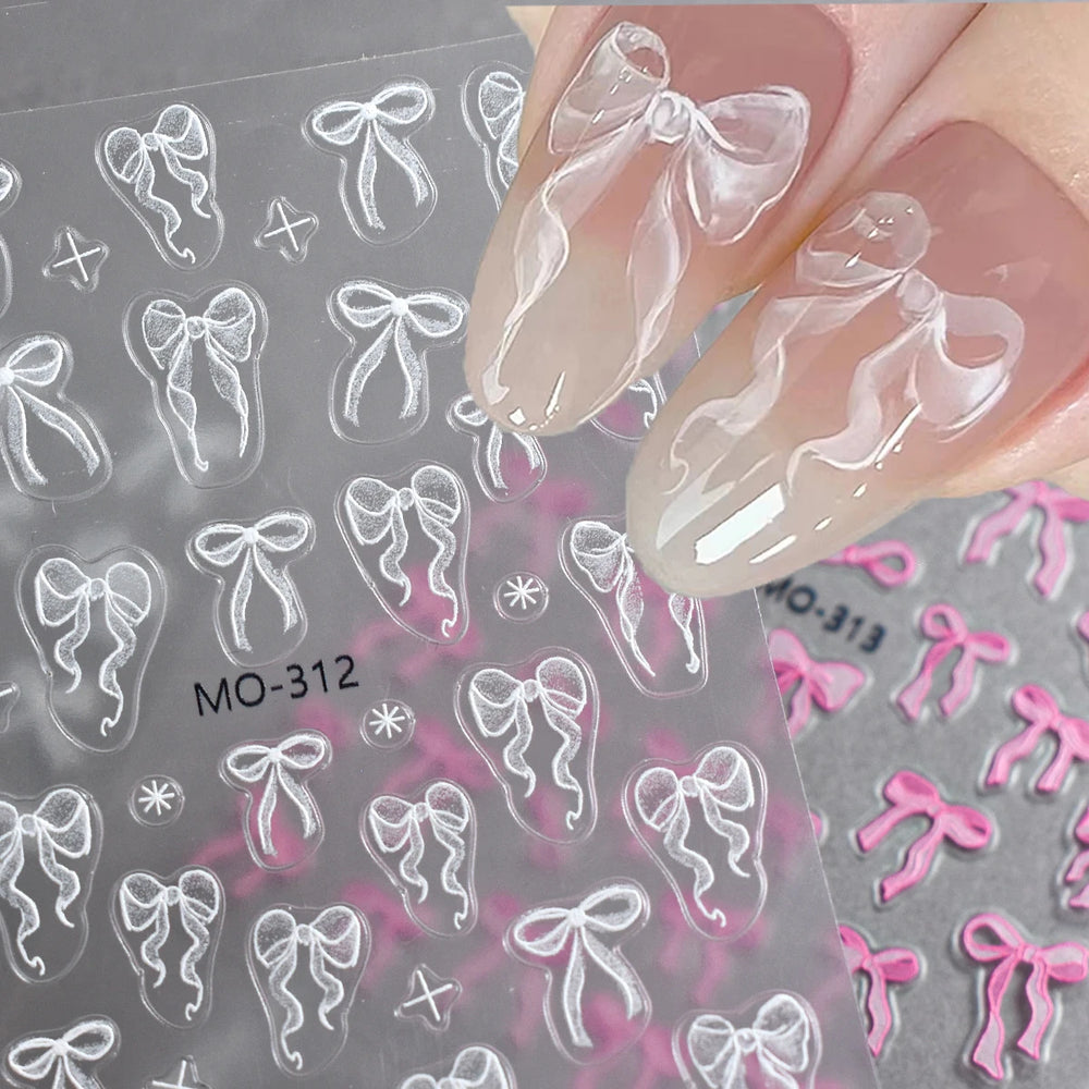 Bowknot Nail Stickers 3D Relief White Ribbon Cute Sweet Pink Self-Adhesive Nail Art Decoration Decal