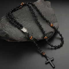 Lava Stone Black Obsidian Yellow Tiger-eye Beads Cross Pendant Y Necklace for Men alternate view