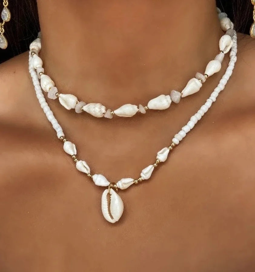 White Glass Seed Bead with Beaded Conch Shells Necklace