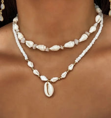 White Glass Seed Bead with Beaded Conch Shells Necklace