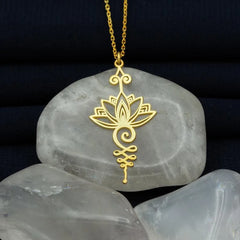 Stainless Steel Unalome Pendant Necklace | Yoga Jewelry with Lotus Flower detail view