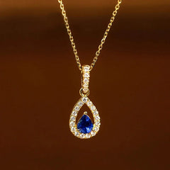 Huitan Gold Color Waterdrop Pendant with Blue Cubic Zirconia Necklace for Women Temperament Accessor