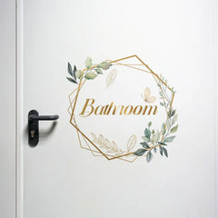 Green Plant Toilet Door Sticker Golden Letter Removable Self-adhesive Waterproof PVC B close-up view