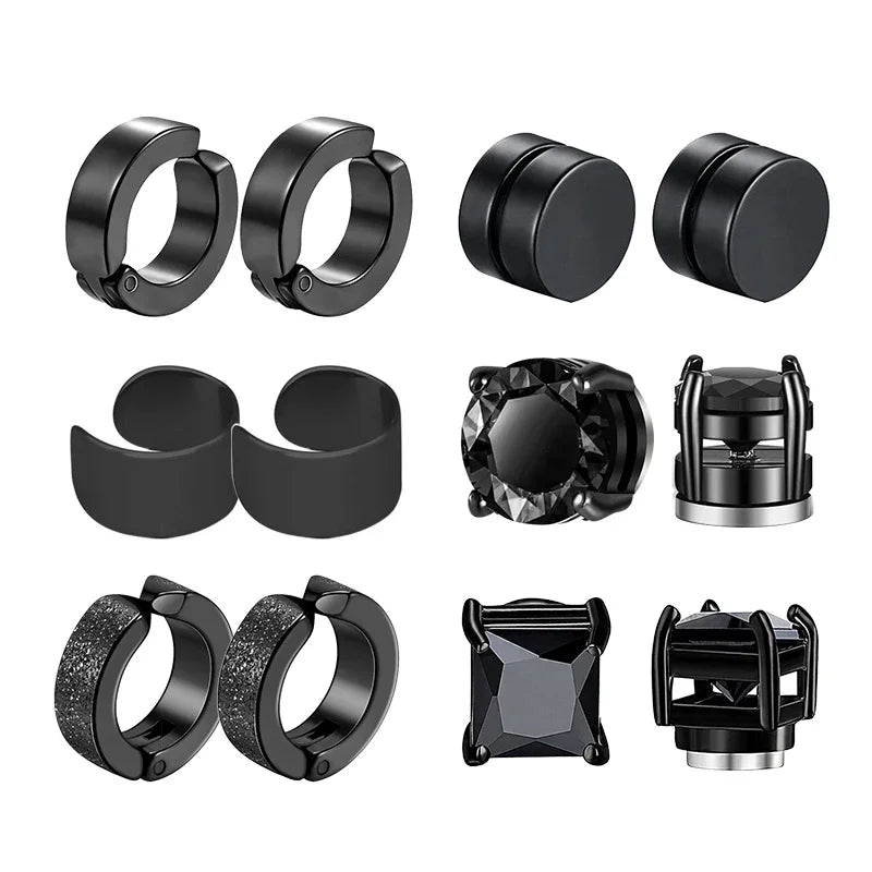 6pairs Punk Mens Strong Magnet Magnetic Ear Stud Set Non Piercing Earrings Fake Cross Earrings Gift