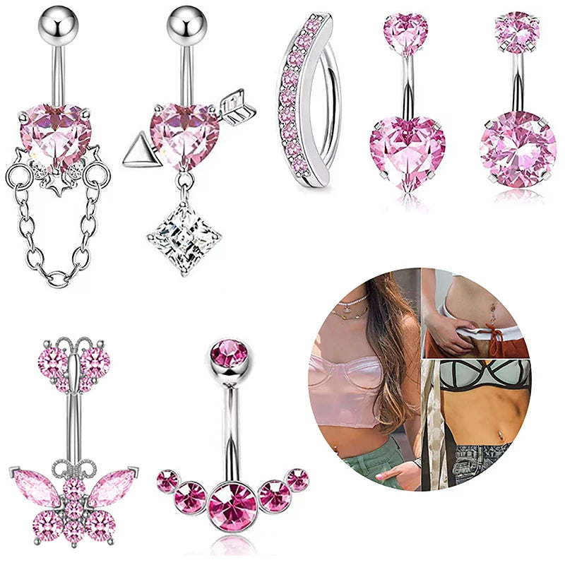 Stainless Steel Butterfly Belly Button Ring High Quality Pink Rhinestone Love Navel Piercing Ring Fo