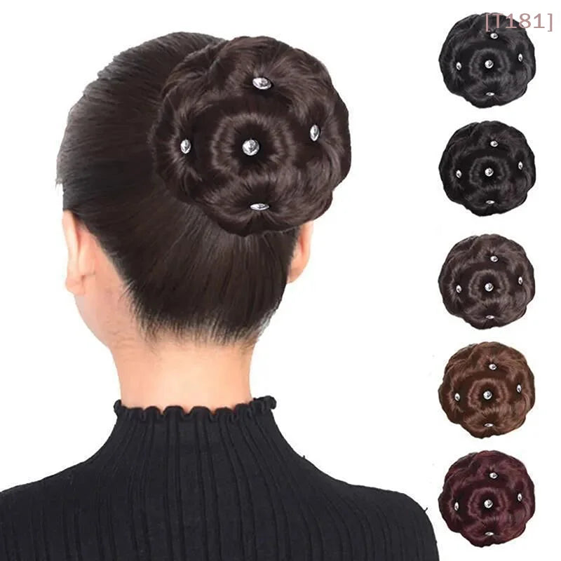 Synthetic Hair Bun Bud Hair Clips With Rhinestones Colorful Shiny For Women Ponytail Claw Clip Lifel
