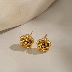 Rose Flower Stud Earrings | 18K Gold Plated Stainless Steel Daily Jewelry for Women close-up view