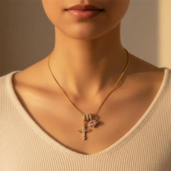 Heart Cross Pendant Necklace for Women Stainless Steel Necklace 14K Gold Plated Snake close-up view