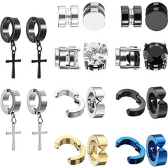 2pcs Punk Mens Strong Magnet Magnetic Ear Stud Set,Non Piercing Cross Clip-on Earrings S detail view