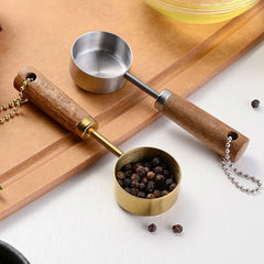 Stainless Steel Measuring Spoon Set | Gold Wood Handle Kitchen Baking Tool close-up view