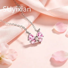 925 Sterling Silver Stylish Sweet Pink Bow Zircon Necklace Birthday Party Anniversary alternate view