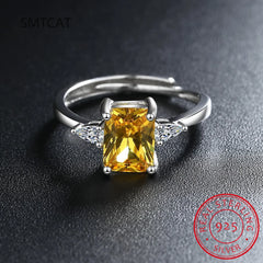 Emerald Cut Natural Yellow Citrine 925 Sterling Silver 3 Stone Ring for Women Rectangl close-up view