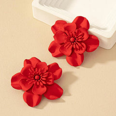Obega Red Flower Stud Earrings | Bohemian Statement Metal Earrings for Women detail view