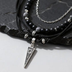 Multi-Layer Black Leather Necklace | Rock Punk Geometric Pendant for Men detail view
