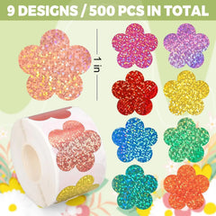 500pcs Laser Flower Sticker Roll Cute Flower Shape Sealing Sticker Color Waterproof S alternate view