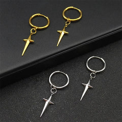 Stainless Steel Star Cross Hoop Earrings | Punk Kpop Y2K Drop Earrings for Women detail view