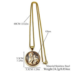Virgin Mary Hold Baby Jesus Glass Round Medal Pendant Necklace | Gold Stainless Steel close-up view
