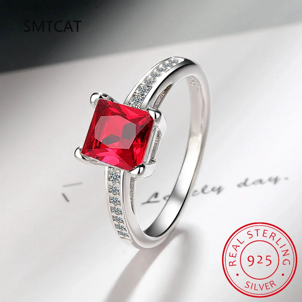 2.2ct Created Red Ruby 925 Sterling Silver Solitaire Engagement Ring for Women Cushion Cut Gemstone