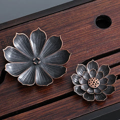 Porous Lotus Zen Line Incense Holder | Retro Metal Sandalwood Burner Tray close-up view